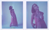 two pictures of a woman in a pink dress